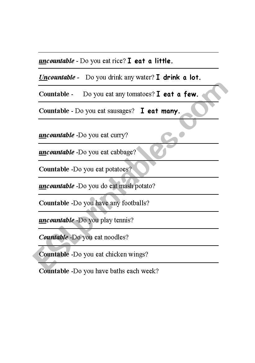 A short test in applying countable and uncountable nouns