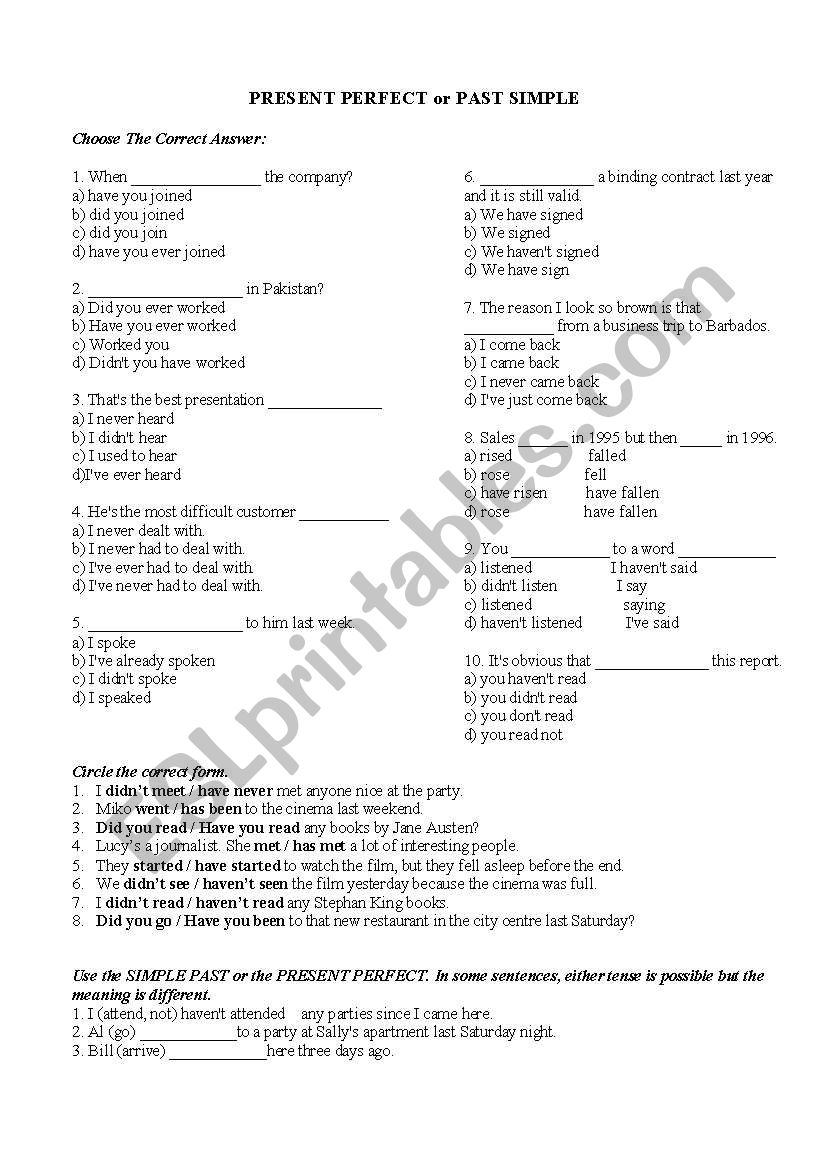 perfect or past worksheet