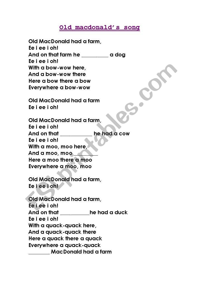 Old MacDonald lyrics for children to complete