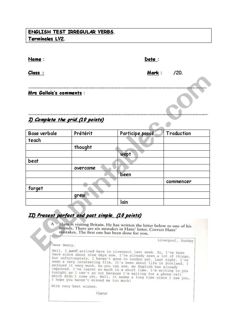 irregular verbs test worksheet