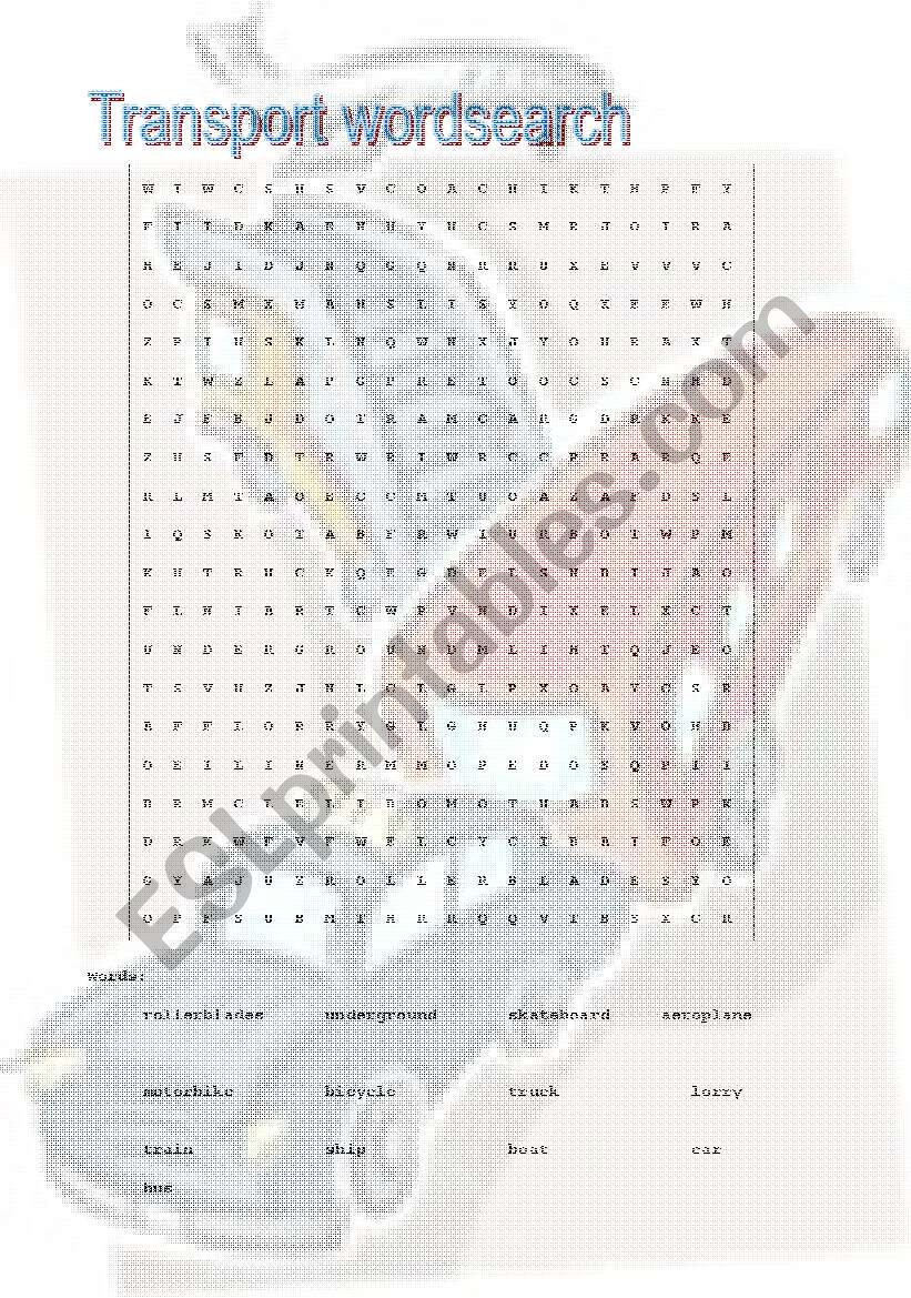 Transport wordsearch worksheet