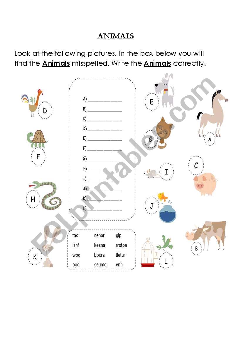 Animals - spelling worksheet