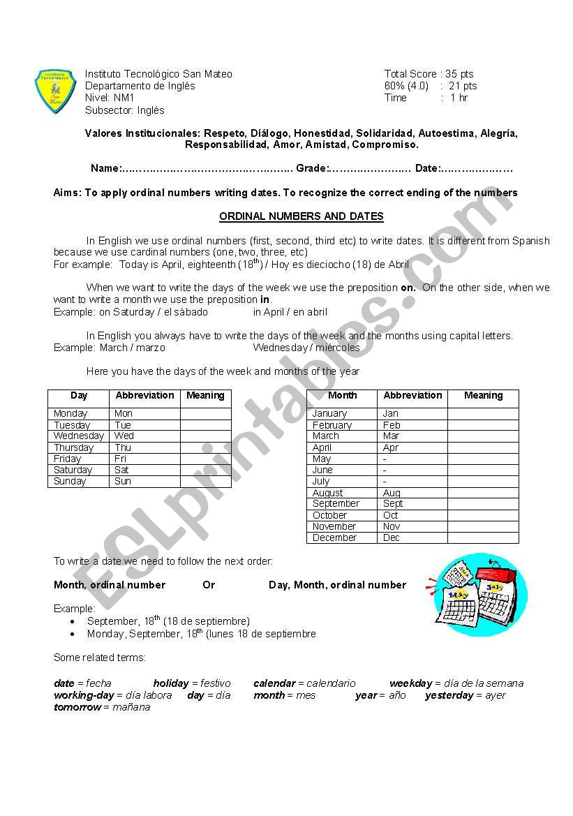 dates worksheet