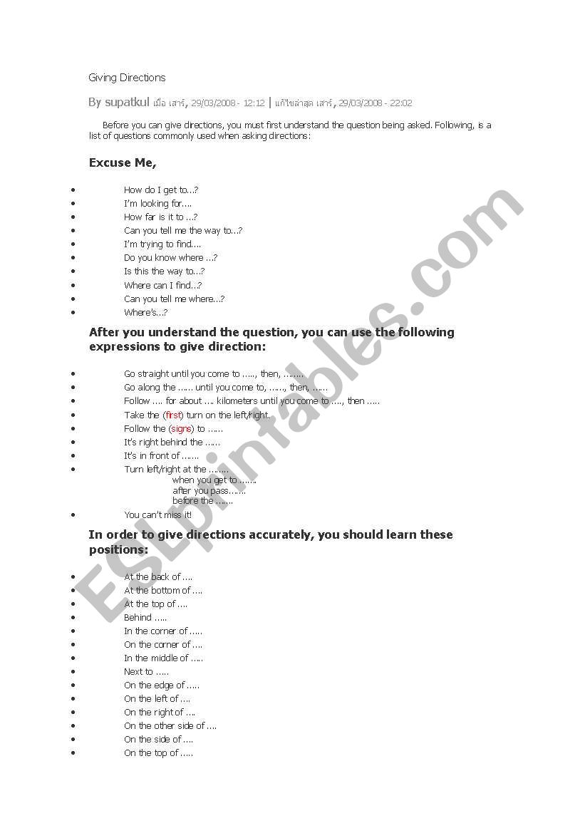 giving direction worksheet