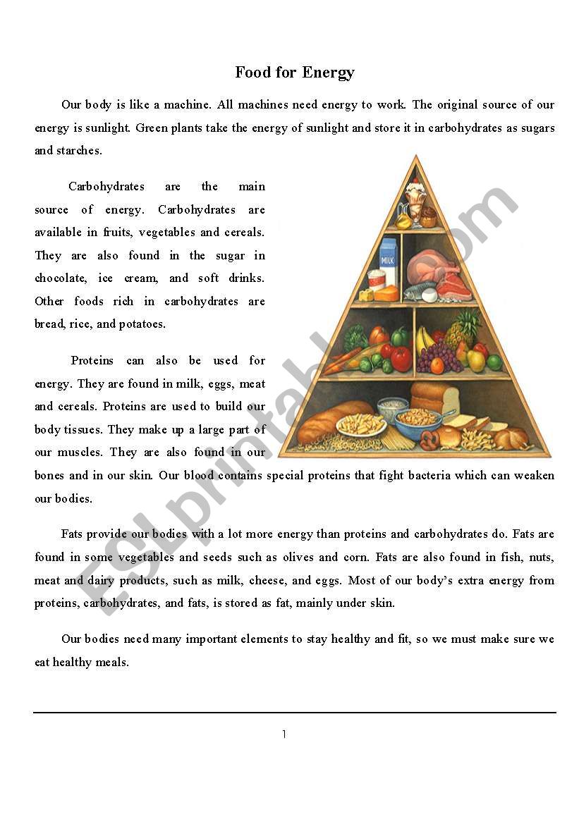 FOOD FOR ENERGY worksheet