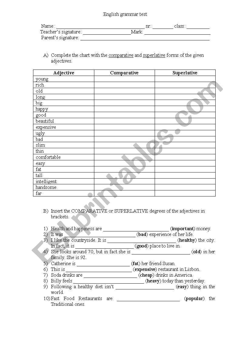 ADJECTIVE DEGREES worksheet