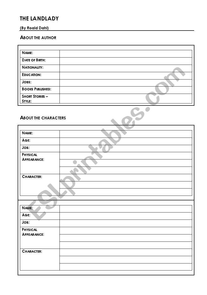 The Landlady by Roald Dahl worksheet