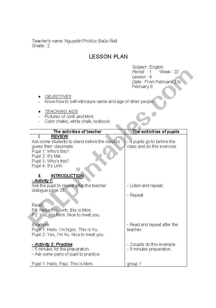 Lesson plan, grade 2 1 worksheet