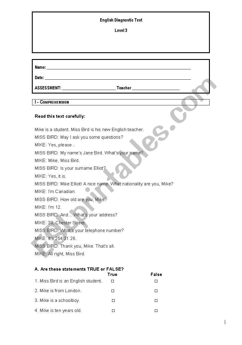 Diagnostic Test worksheet