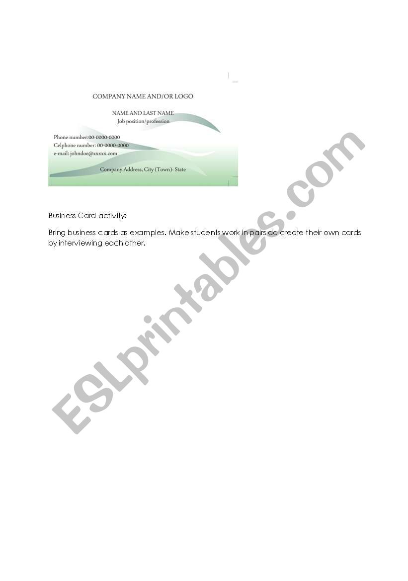 Business Card activity worksheet