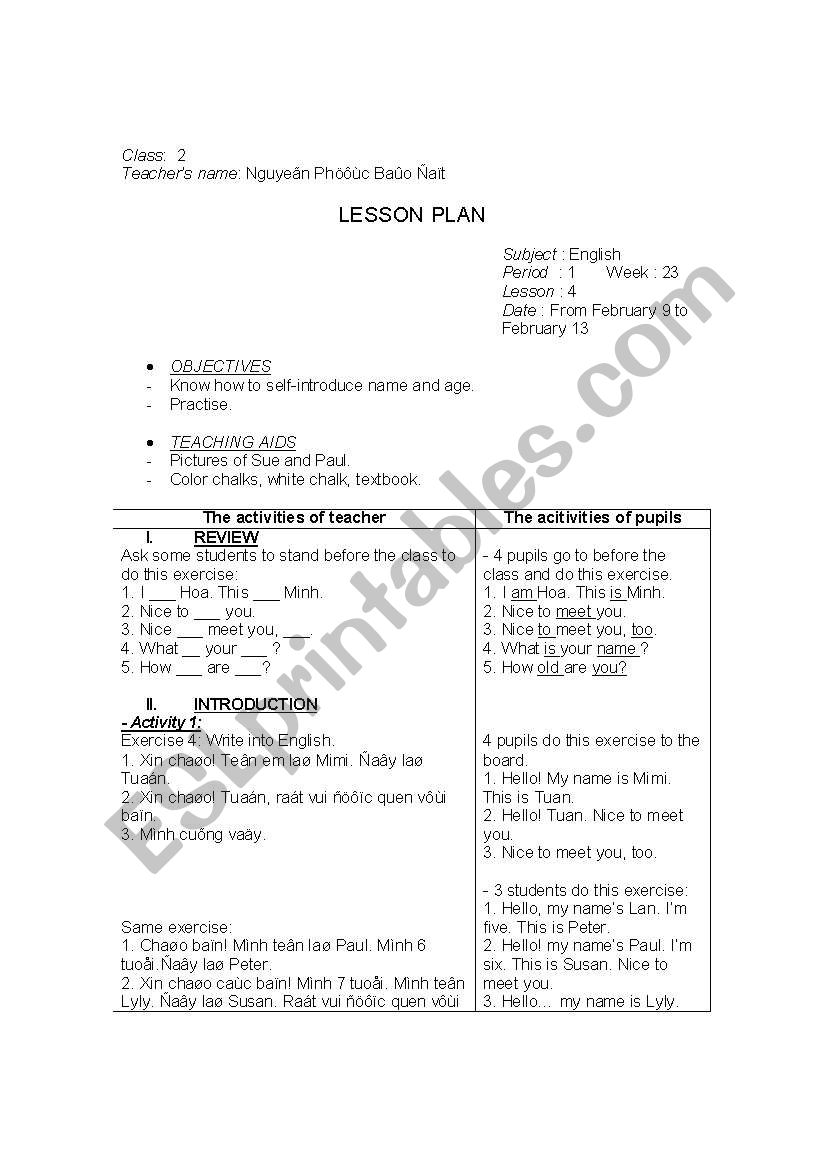 Lesson plan, grade 2 3 worksheet