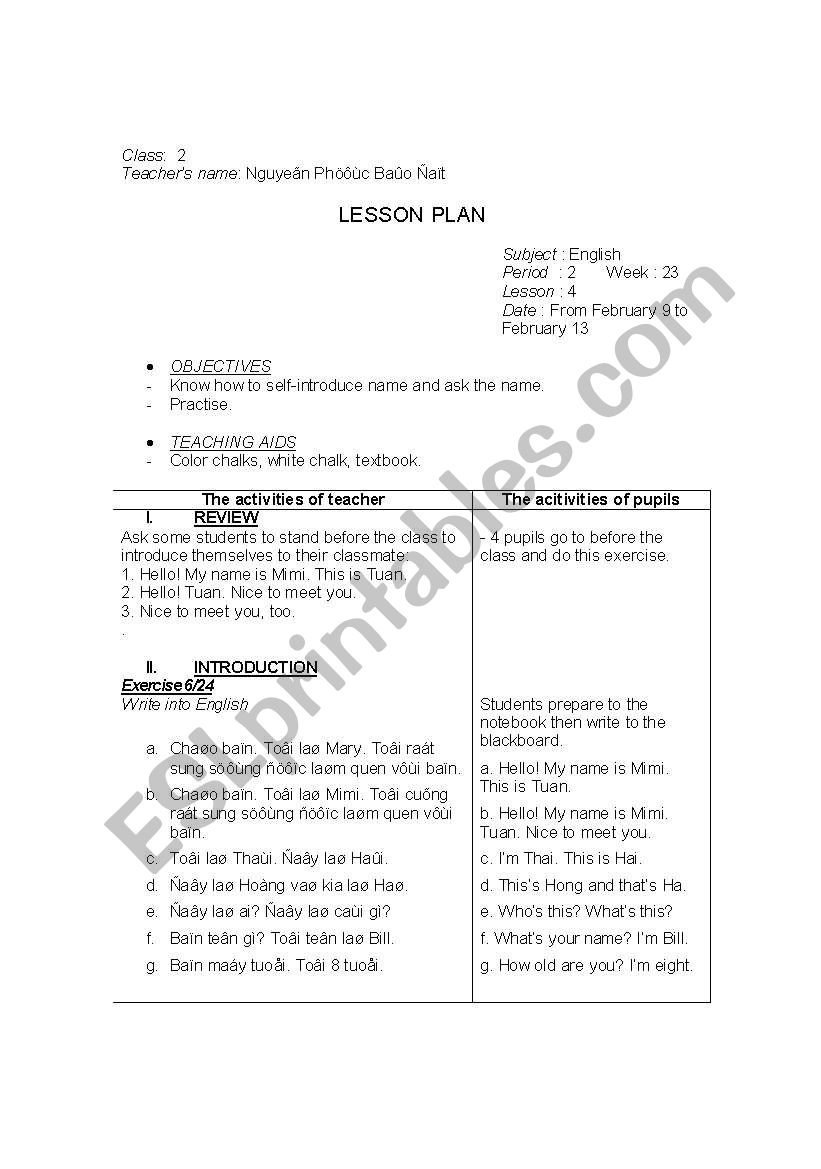 Lesson plan, grade 2 4 worksheet