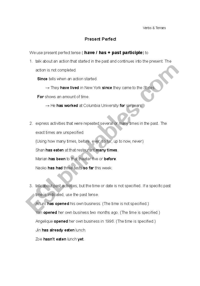 Present Perfect worksheet