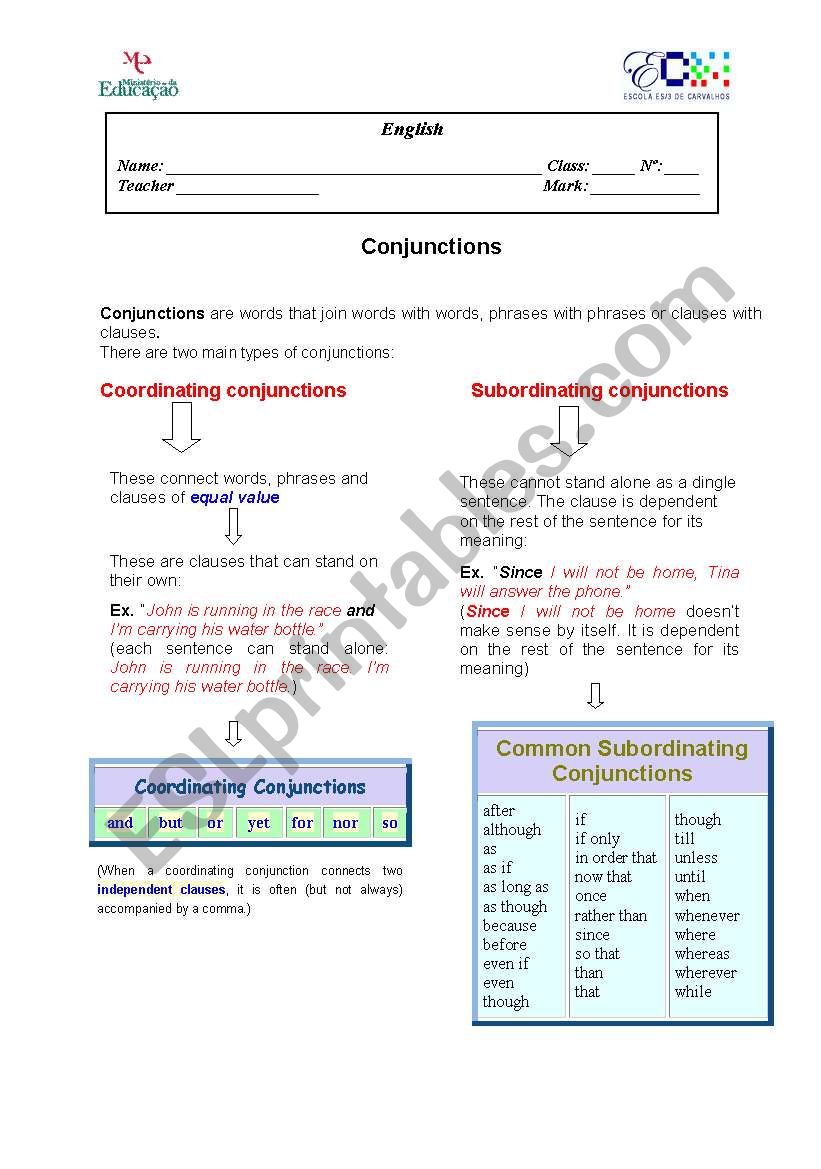 conjunctions worksheet