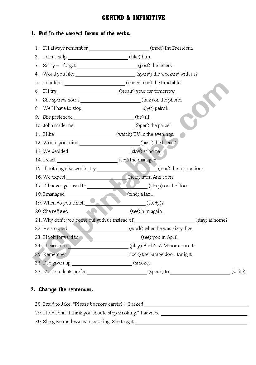 Gerund or Infinitive worksheet