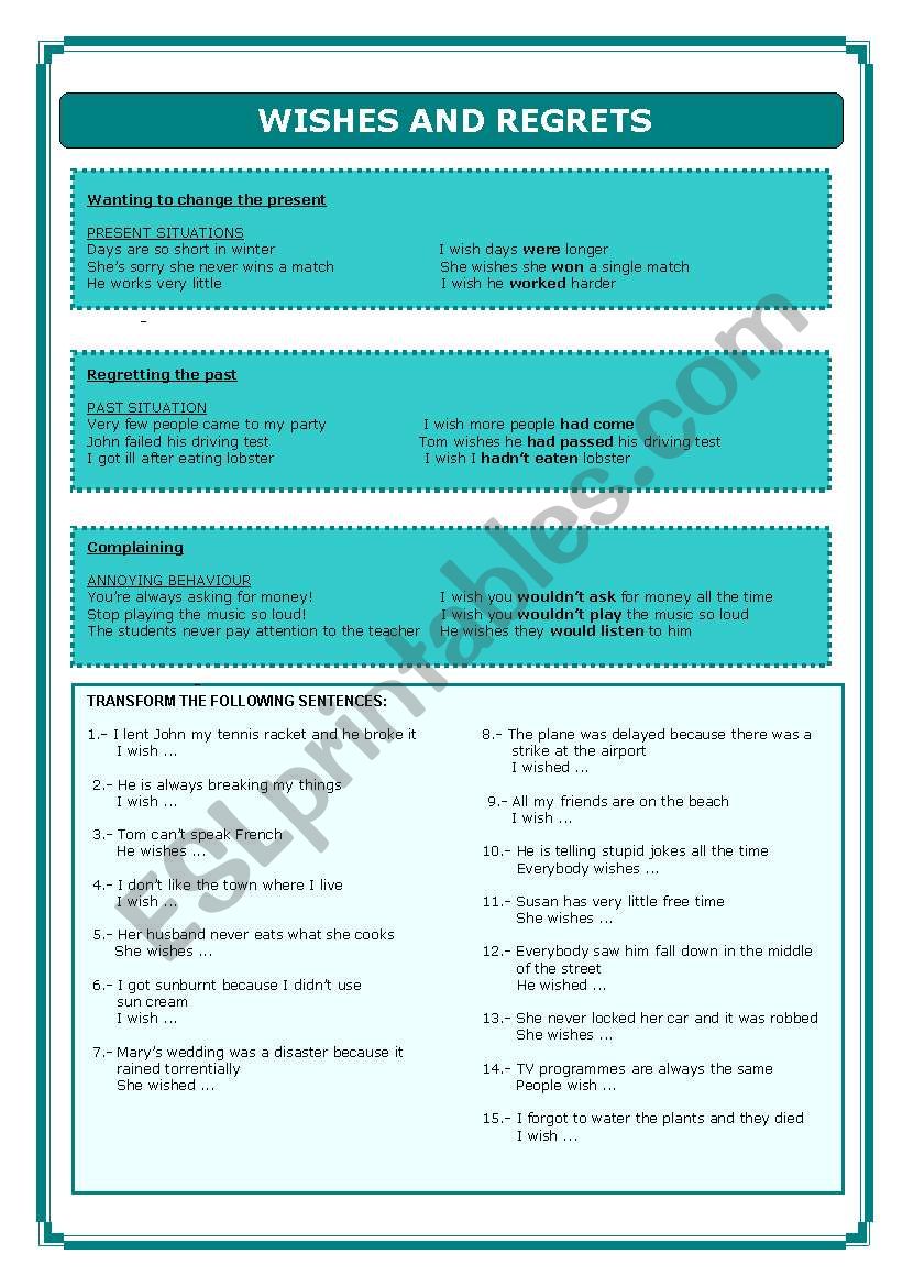 Wishes and Regrets worksheet