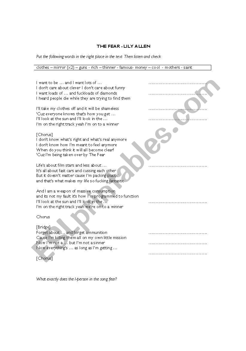 The Fear - Lilly Allen worksheet