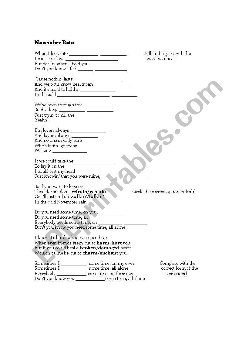 November Rain lyrics worksheet