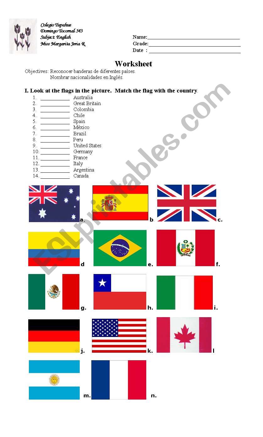 FLAGS AND NATIONALITIES worksheet