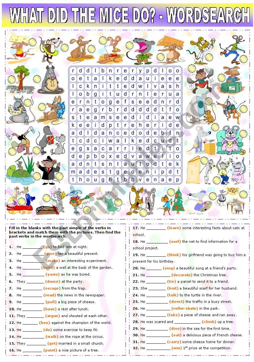 WHAT DID THE MICE DO? -PAST SIMPLE REGULAR AND IRREGULAR VERBS + WORDSEARCH