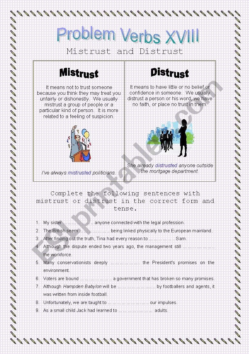 Problem Verbs XVIII -  Mistrust and Distrust - Theory and Practice - with key