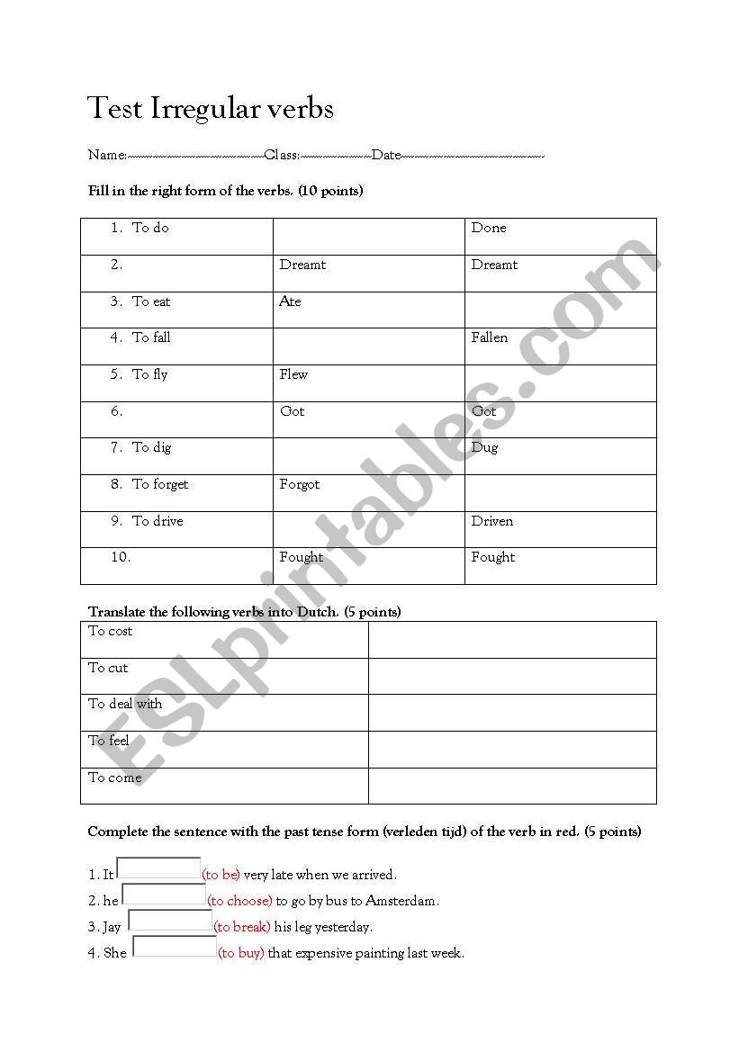 irregular test 1 worksheet