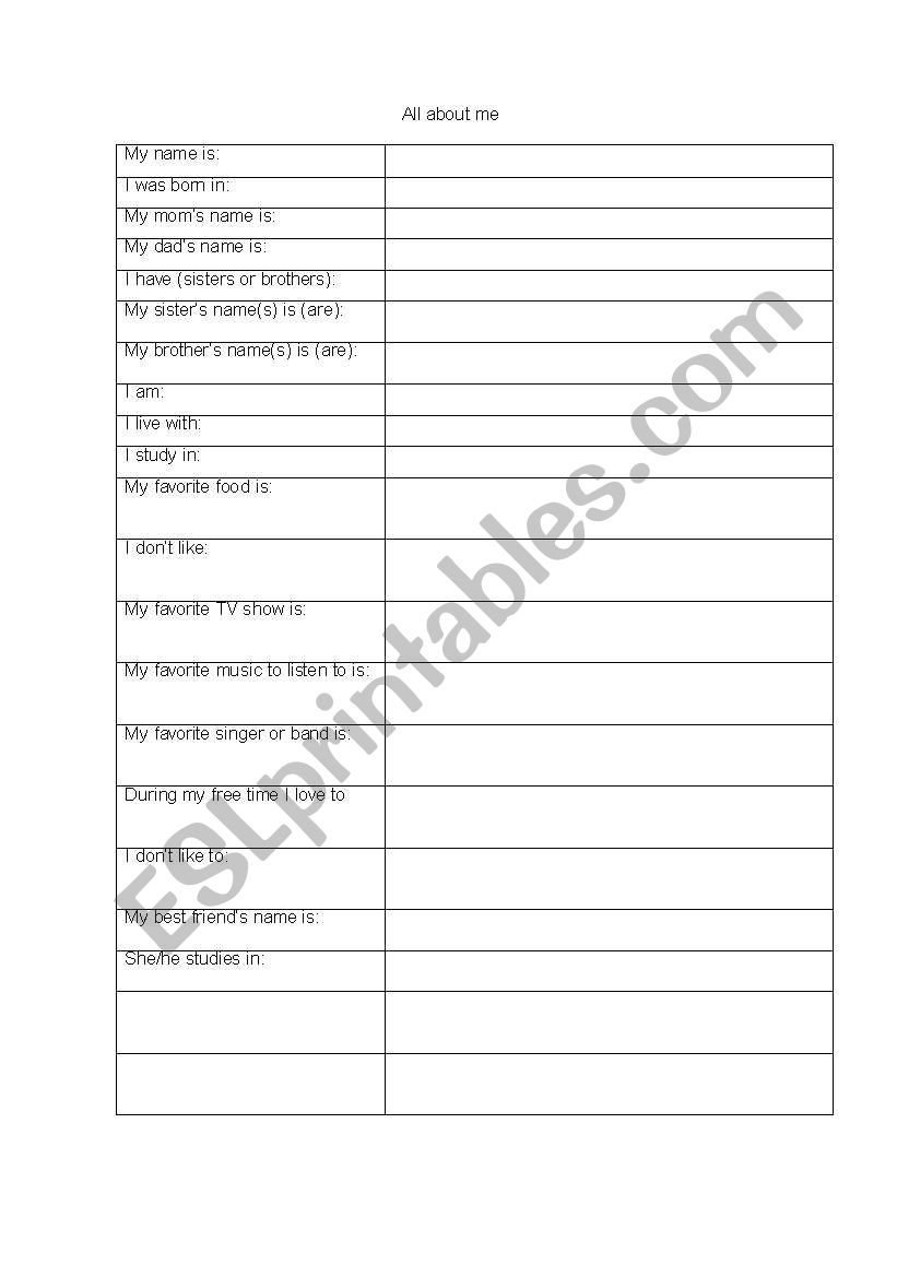 all about me worksheet