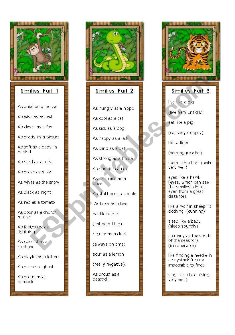 Similes Bookmarks  worksheet