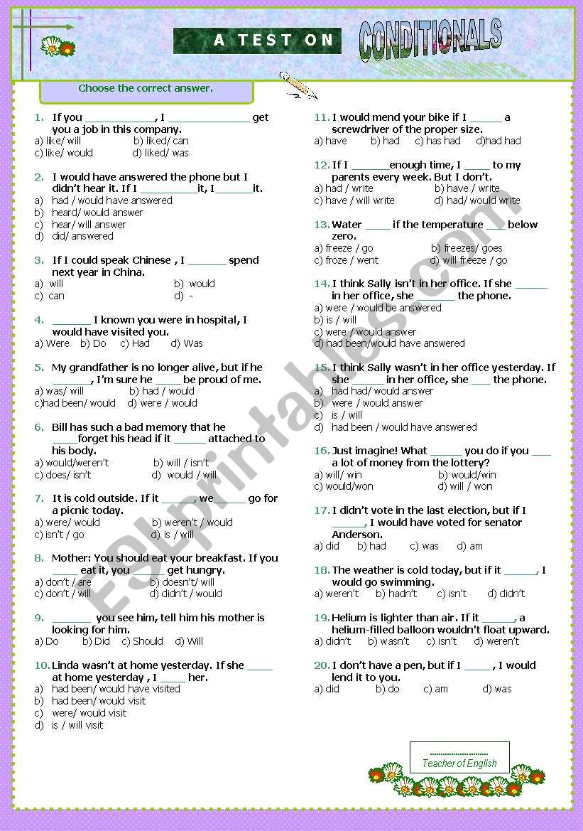 A TEST ON CONDITIONALS ( TYPES 0, 1, 2 AND 3)