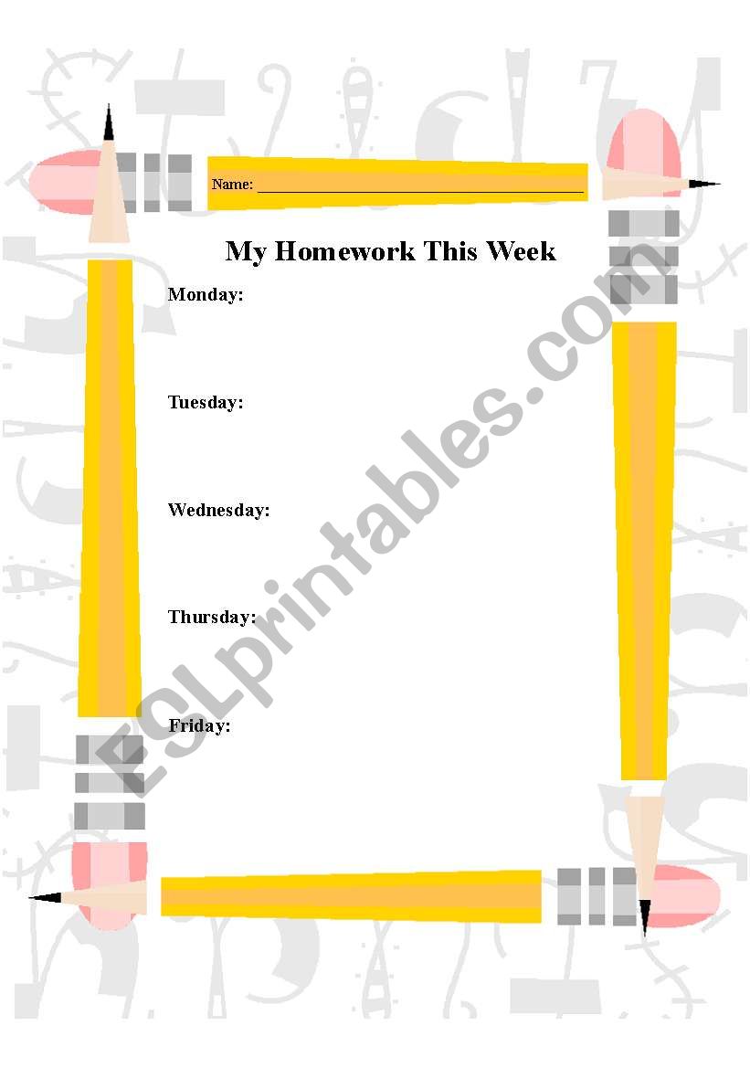 My Homework This Week worksheet