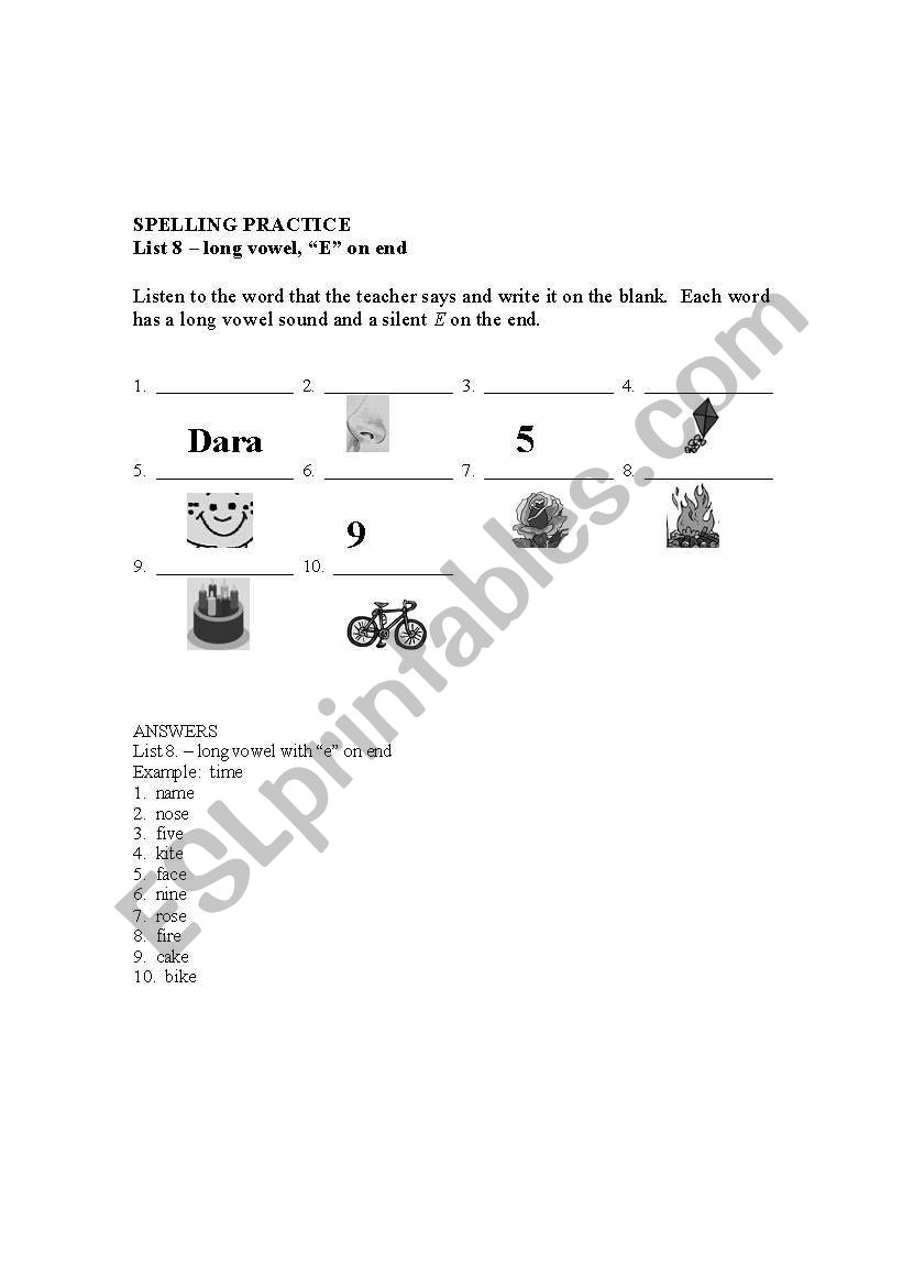 SPELLING PRACTICE LIST 8 worksheet