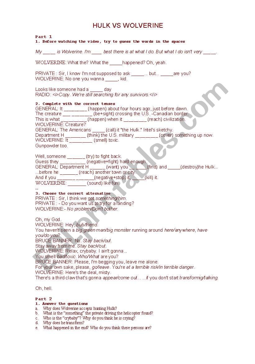 Hulk Vs Wolverine Exercises worksheet