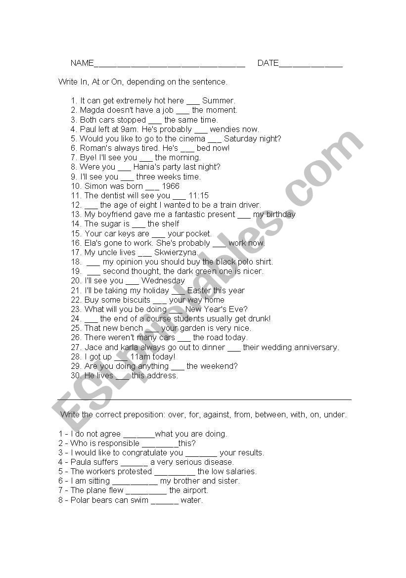 prepositions worksheet