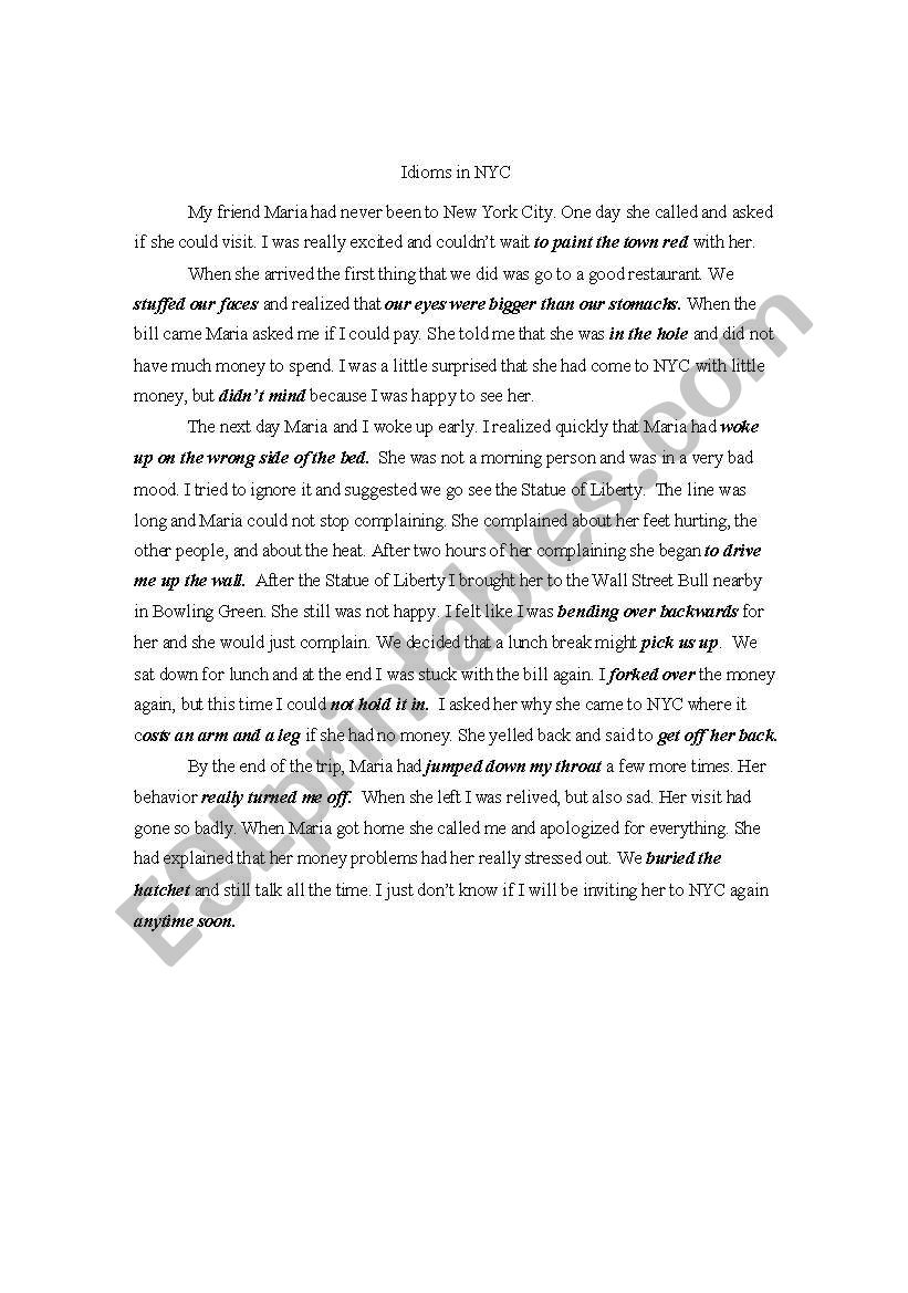 Idioms in New York City worksheet