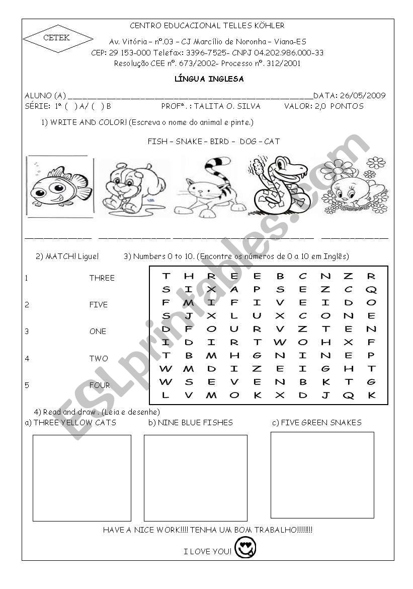 animals and numbers worksheet