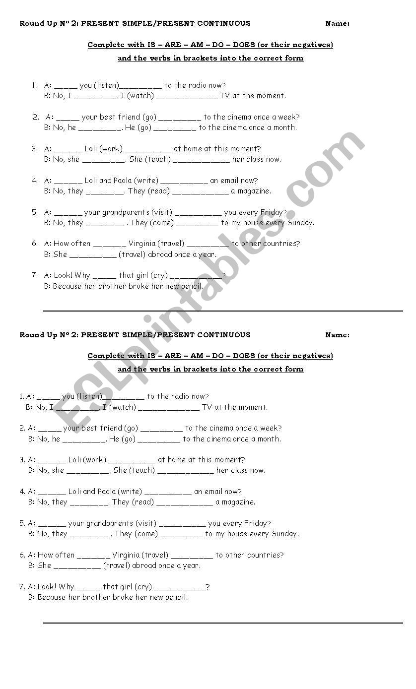 present Simple and Continuous worksheet
