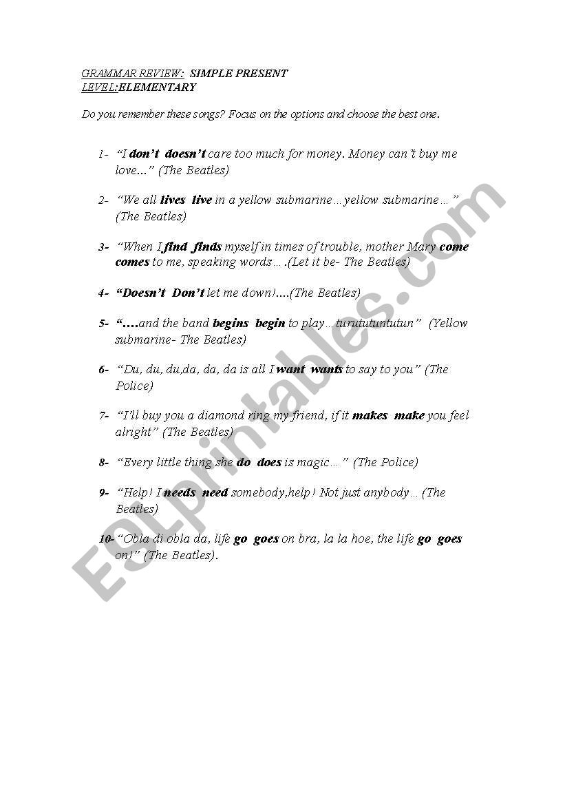 gRAMMAR REVIEW THROUGH SONGS worksheet