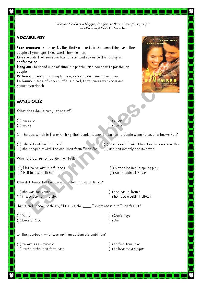 A Walk To Remember worksheet