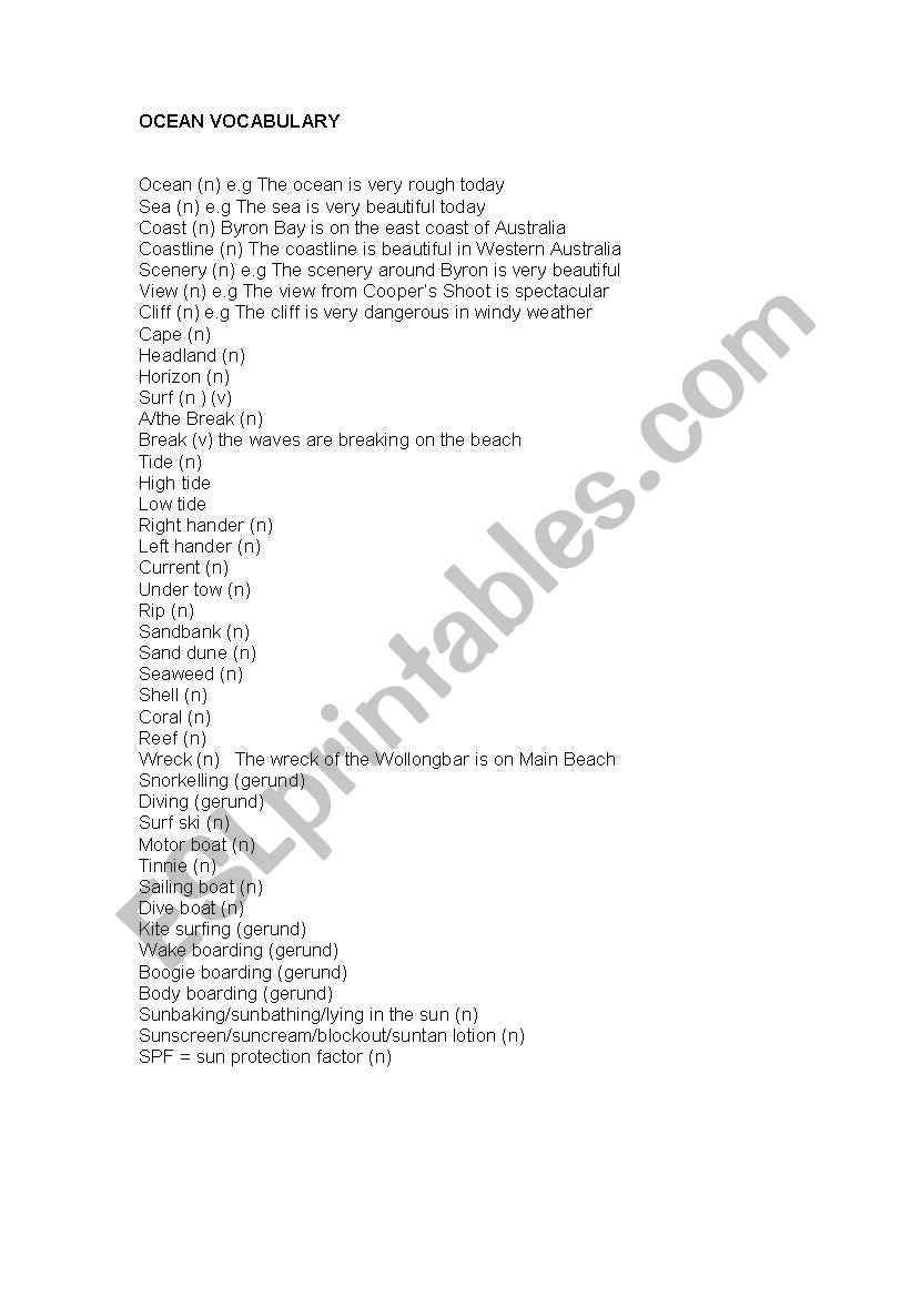 Ocean Vocabulary worksheet