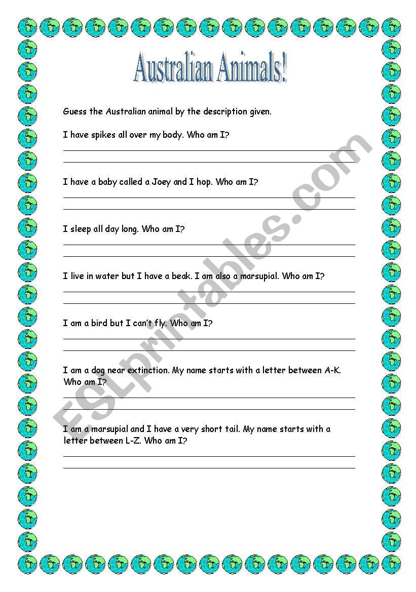 Australian Animals- Who Am I? worksheet