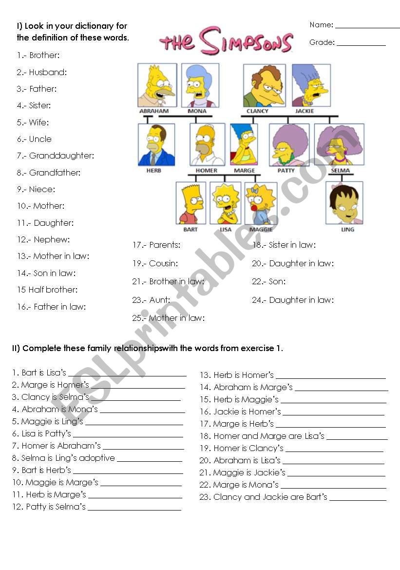 The simpsons family  worksheet