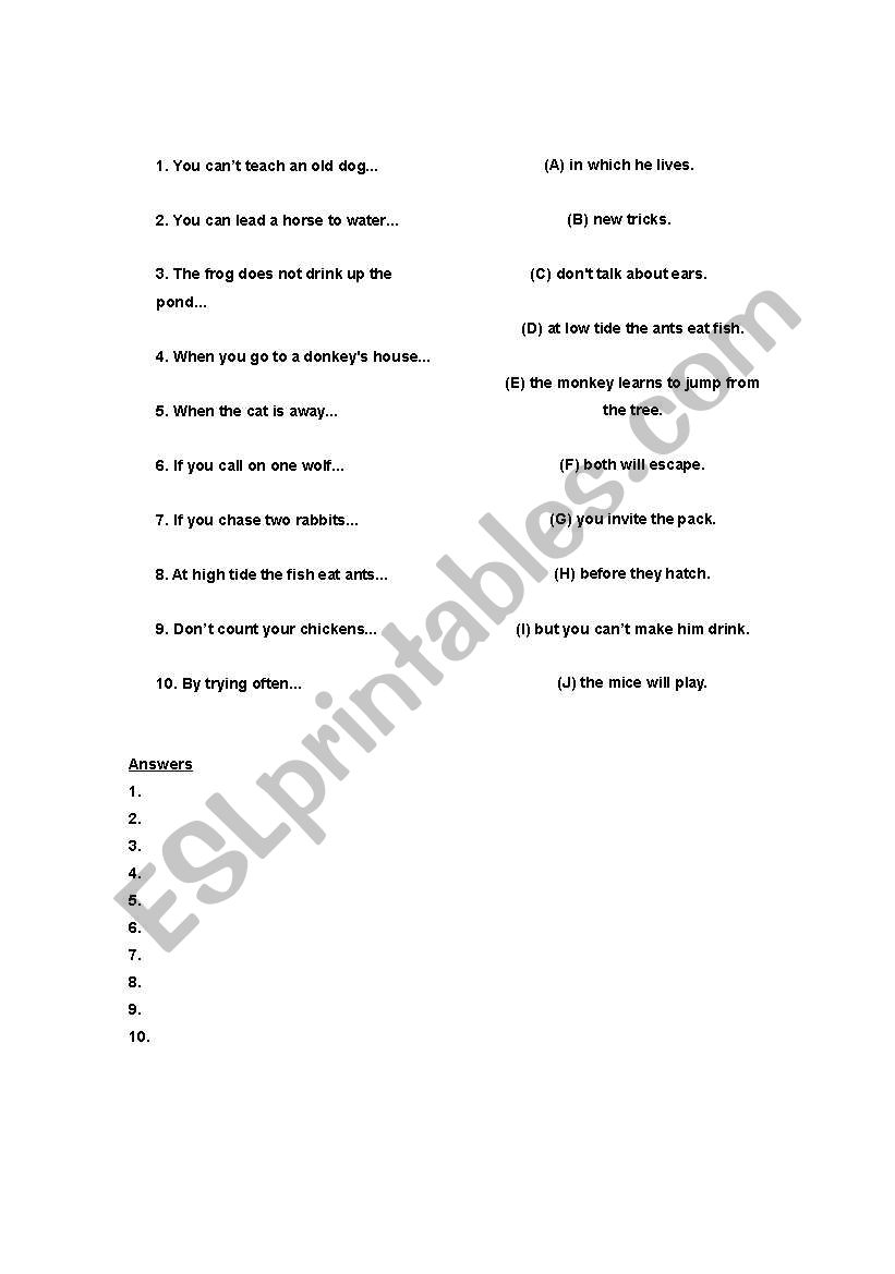Matching Animal Proverbs worksheet
