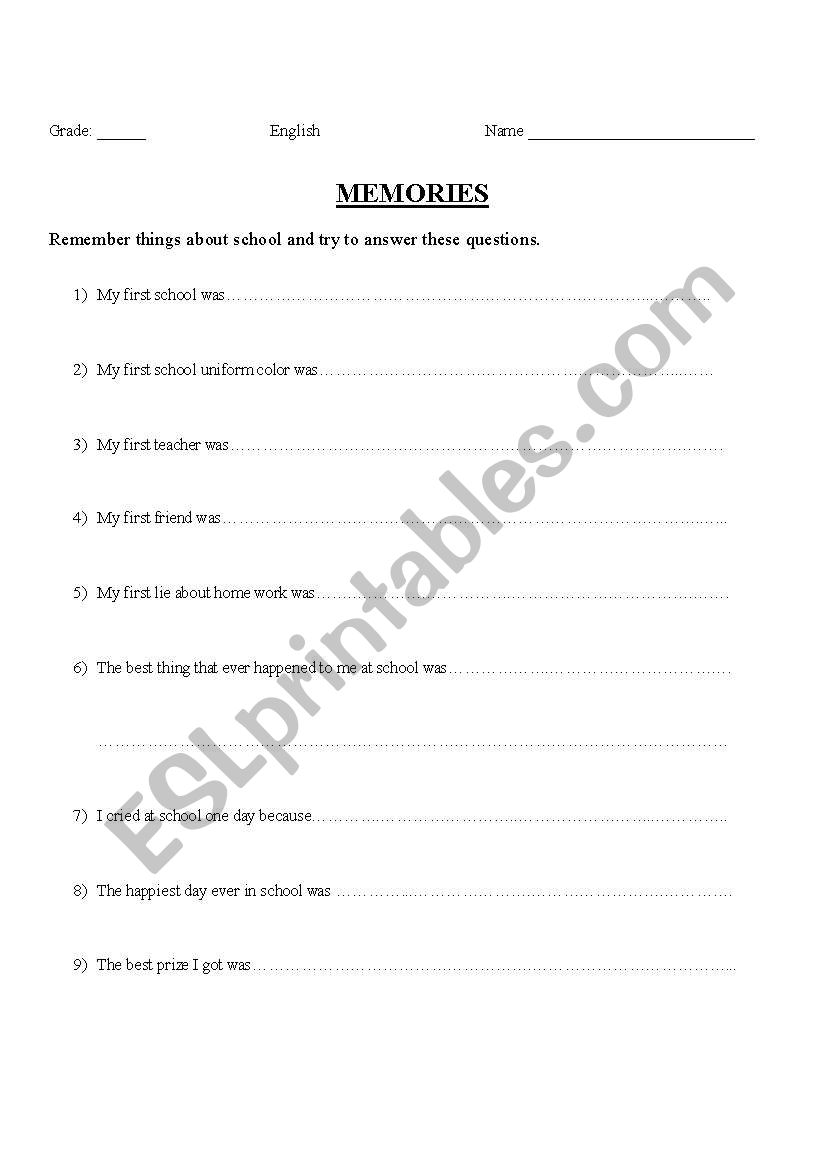 Memories worksheet