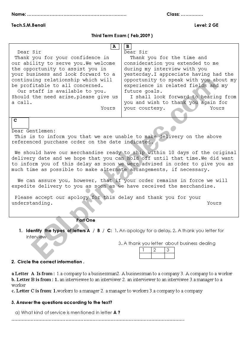exam paper / business letter worksheet