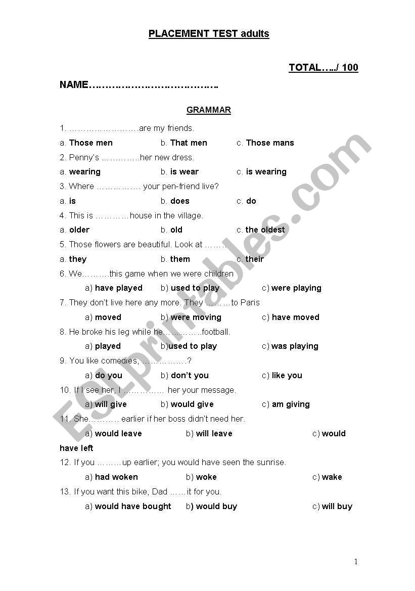 PLACEMENT TEST FOR ADULTS worksheet