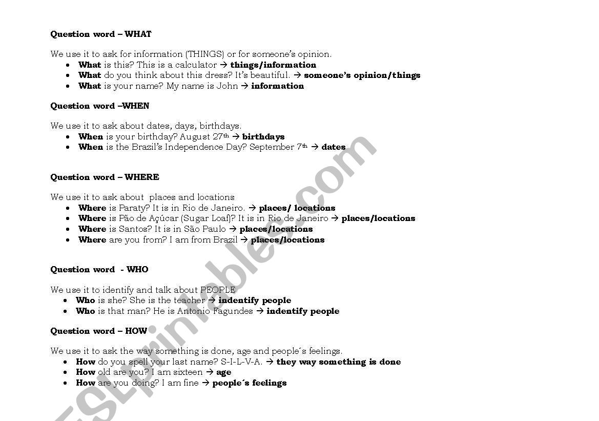 Question Words Exercices worksheet