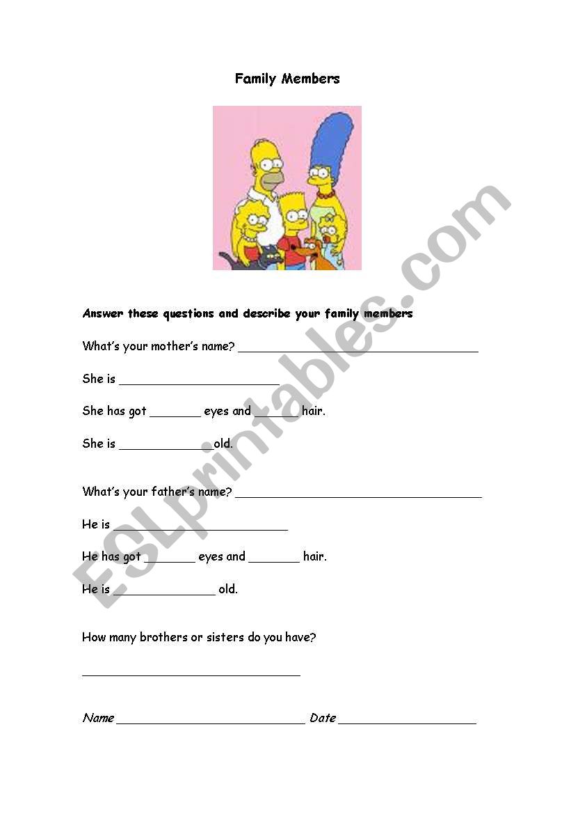 Family Members worksheet