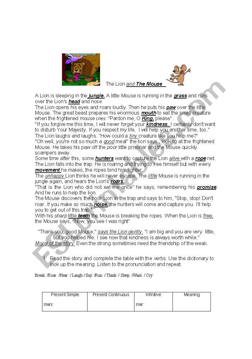 the mouse and the lion worksheet