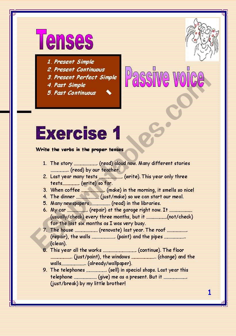 4 pages of Passive voice. (Present simple or continuous, past simple or continuous, present perfect simple)