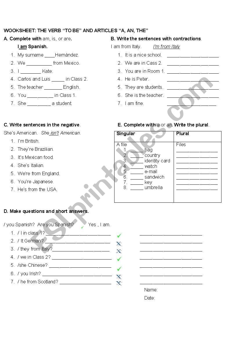 verb to be worksheet